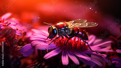 Red insect consuming purple flower