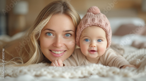 Portrait of a beautiful young mother with her baby in a knitted hat