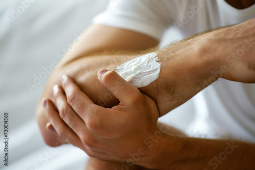 Man Treating Skin Condition with Cream. A man applies a thick layer of white cream to a specific area of his forearm, possibly to treat a skin condition. Horizontal photo