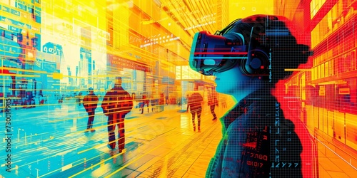 AI futuristic concept of young person wearing a virtual reality headset VR goggles exploring the meta verse, and  playing games, entertainment and digital technology of the future. Generative AI