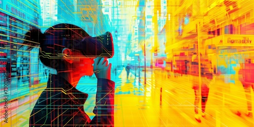 AI futuristic concept of young person wearing a virtual reality headset VR goggles exploring the meta verse, and  playing games, entertainment and digital technology of the future. Generative AI