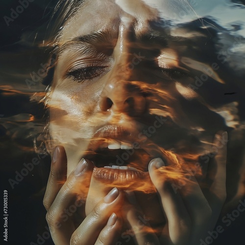 woman's face, marked by an open mouth and beads of sweat, reflects the palpable toll of emotional anguish. Both hands pressed against her face, she exudes vulnerability, seeking solace or protection. © Mora-Art