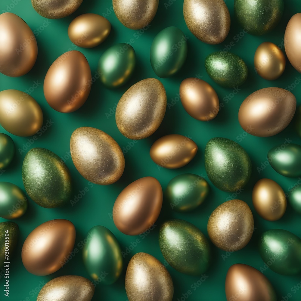 Easter eggs, dark green with gold on a green background. View from above. Flat lay. Easter eggs, dark green with gold on a green background. View from above. Flat lay.