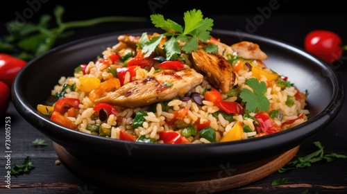 Colorful and varied favorite - Mexican risotto with vegetables and chicken.