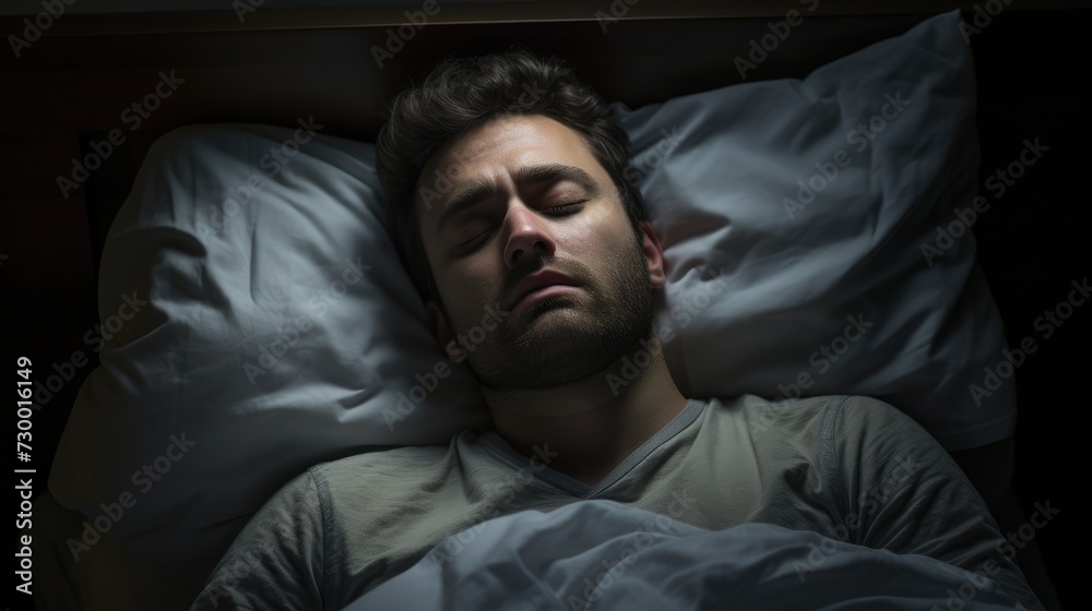 Man trying to sleep, but with visible tension and anxiety on his face. Man trying to sleep, but with visible tension and anxiety on his face.