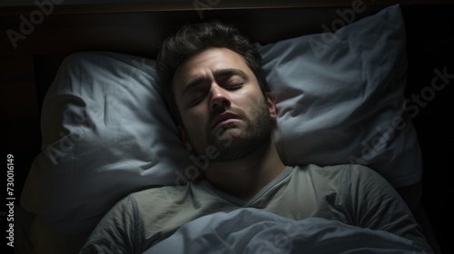 Man trying to sleep, but with visible tension and anxiety on his face.