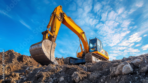 A banner image of an excavator. Vivid image of a yellow excavator amid earthworks under a clear sky photo