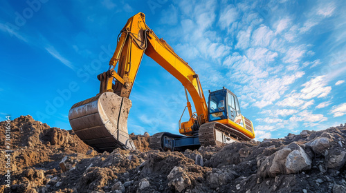A banner image of an excavator. Vivid image of a yellow excavator amid earthworks under a clear sky