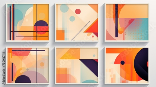 six pastel geometric minimal pop style artwork picture frame collection set on wall, minimal style home wall hanging decor, mockup idea, Generative Ai photo