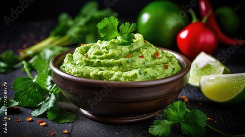 Juicy guacamole - a traditional Mexican avocado sauce photo