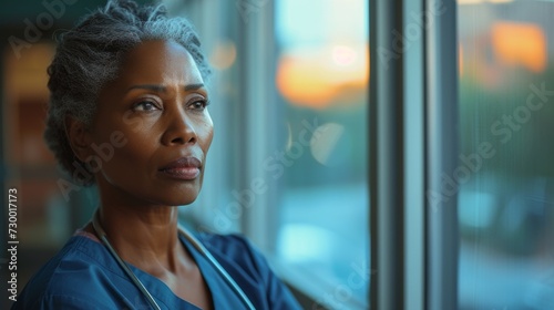 Reflective elder Black nurse looking pensively outside a window at sunset photo