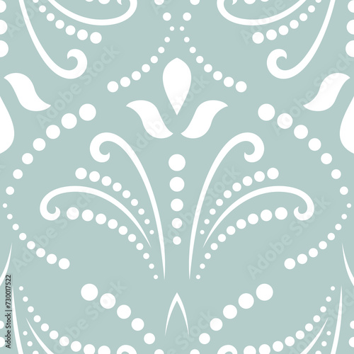 Floral light blue and white ornament. Seamless abstract classic background with white flowers. Pattern with repeating floral elements. Ornament for wallpaper and packaging