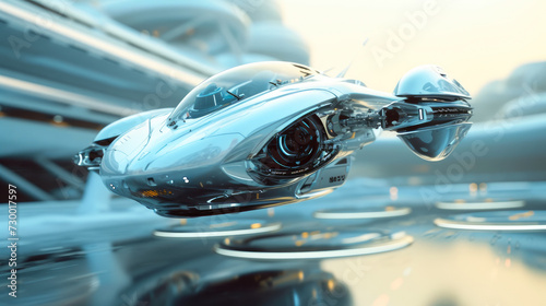 Innovative Airborne Vehicle: Detailed View of Futuristic Flying Car © Andrii 
