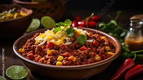 Aromatic and spicy Mexican chiliconcarne - stewed meat with vegetables photo