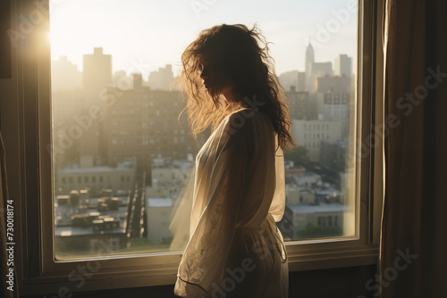 woman standing in front of the window above the city Free Download woman standing in front of the window above the city - GFXLoad