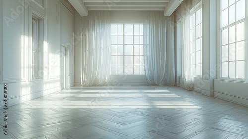 The serene atmosphere of an empty room flooded with soft, natural light. Generative AI.