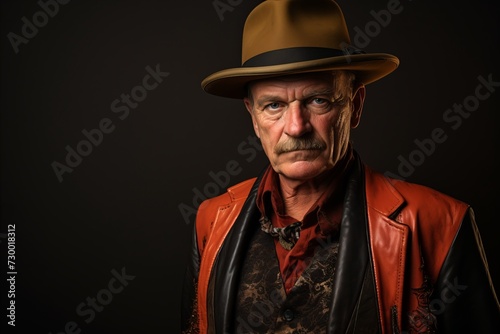Old man with hat and leather jacket. Studio shot over black background.