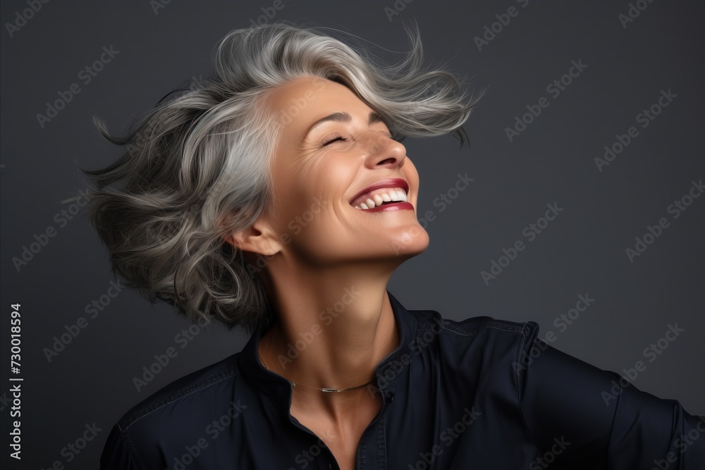Portrait of a happy senior woman with gray hair on grey background