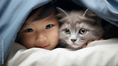 Small Asian child lies on a bed with a cat. Kitten and baby childhood friendship. Baby and cat. Child and Kitten lying together on the bed