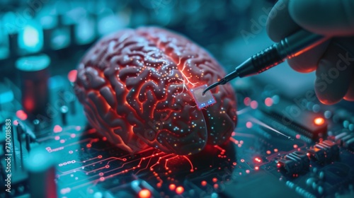 Neuralink chip being inserted into a brain on a circuit board