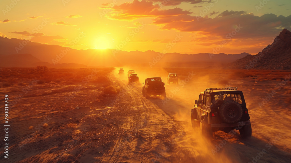 A convoy of offroad vehicles kicks up dust in a desert at sunset