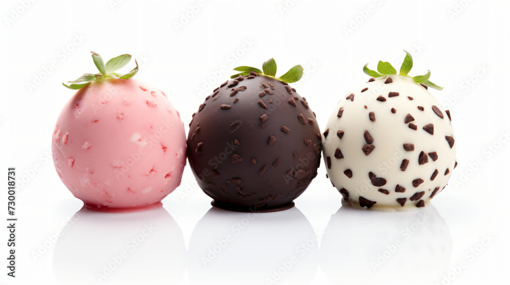 Three various ice cream balls - strawberry vanilla and chocolate