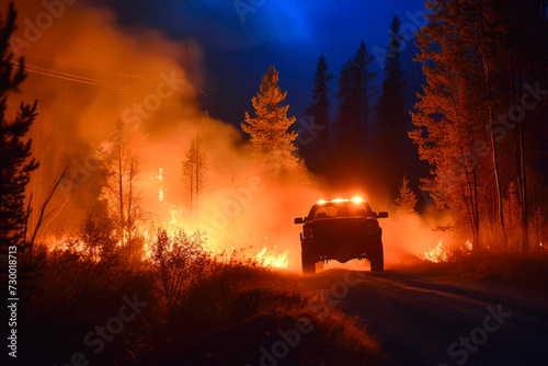Fiery Night Escape: Truck Pierces the Smoky Veil