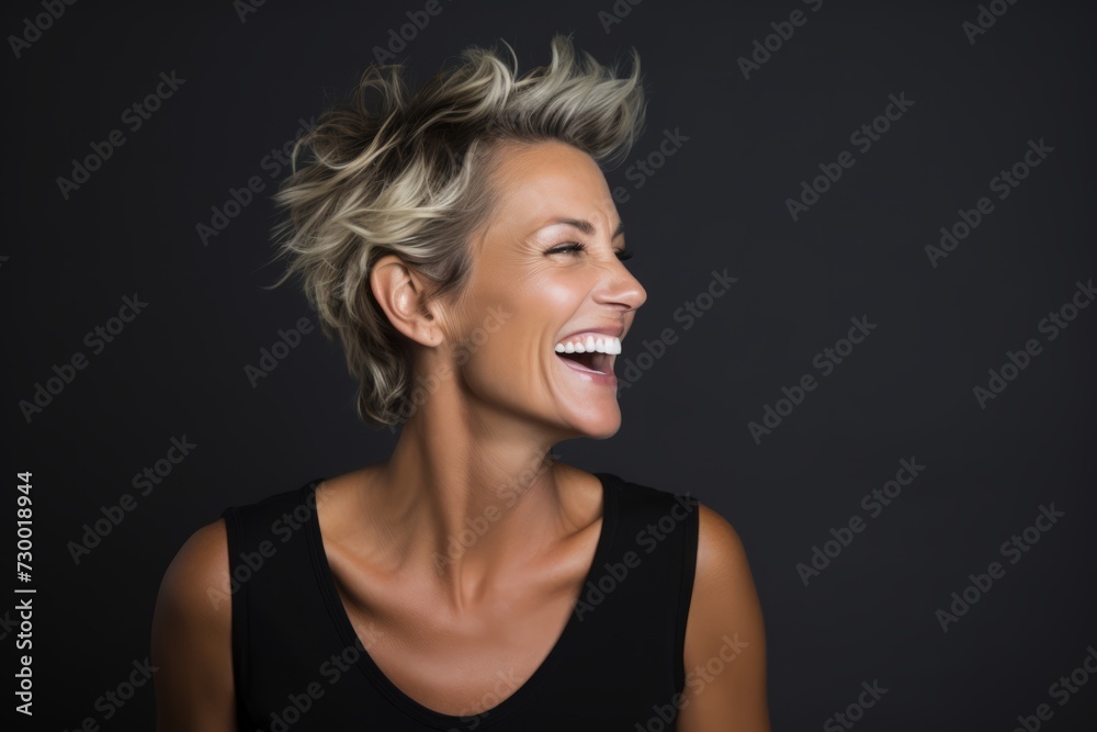 Portrait of a beautiful woman with short hair on a dark background Portrait of a beautiful woman with short hair on a dark background