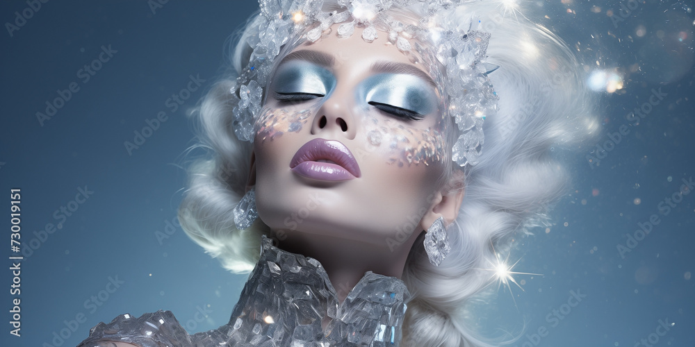 Editorial beauty portrait presenting a model with holographic and iridescent makeup in silver shades. Luminous complexion, shimmering eyeshadow, and sparkling lip gloss. Celestial sophistication.