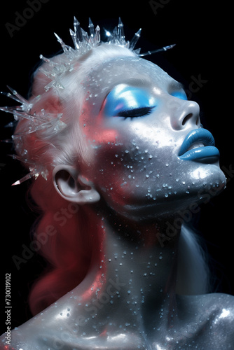 Beauty editorial portrait showcasing a model with holographic and iridescent cosmetics in silver hues. Radiant complexion, shimmering eyeshadow, and sparkling lipstick. Celestial sophistication.