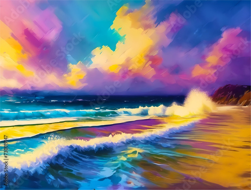 colorful Sea, waves , clouds ocean with sky background