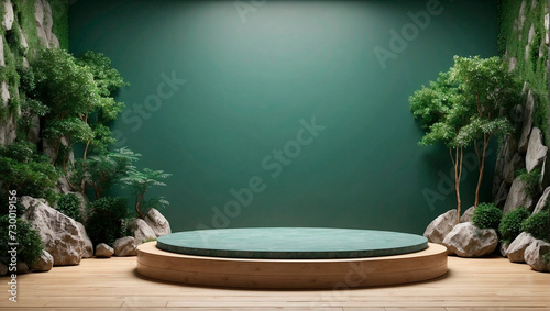 A natural forest green backdrop sets the stage for displaying products on a platform crafted from wood and stone, creating a 3D garden rock display