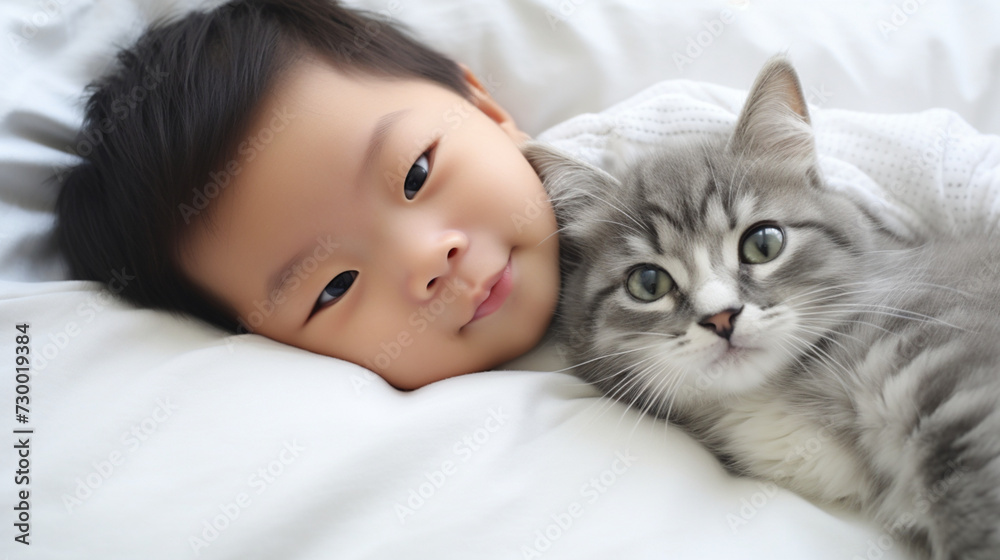 Small Asian child lies on a bed with a cat. Kitten and baby childhood friendship. Baby and cat. Child and Kitten lying together on the bed Small Asian child lies on a bed with a cat. Kitten and baby childhood friendship. Baby and cat. Child and Kitten lying together on the bed