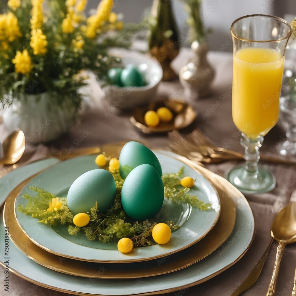 Table setting in easter style. Mimosa, painted green eggs, golden cutlery. Table setting in easter style. Mimosa, painted green eggs, golden cutlery.