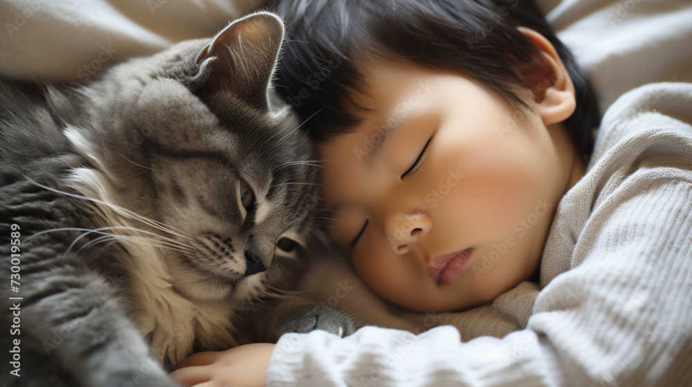 Small Asian child lies on a bed with a cat. Kitten and baby childhood friendship. Baby and cat. Child and Kitten lying together on the bed Small Asian child lies on a bed with a cat. Kitten and baby childhood friendship. Baby and cat. Child and Kitten lying together on the bed
