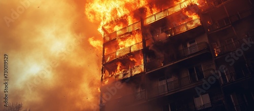 Foto Residential building on fire. Basket fire escape.