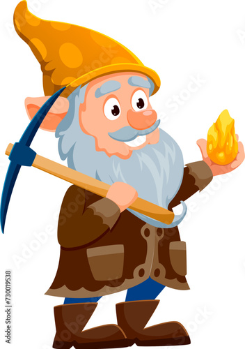 Cartoon gnome or dwarf miner character triumphantly holding gleaming gold nugget. Isolated vector curious personage with pickaxe and pointed hat ready to unearth treasures in magical underground world