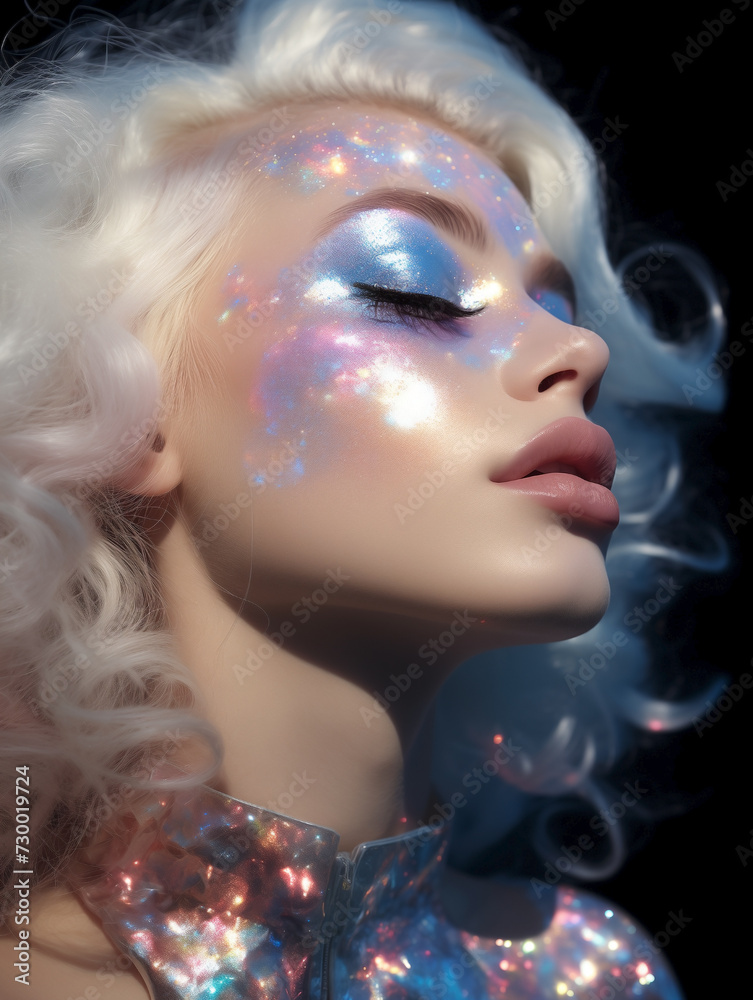 Editorial beauty portrait presenting a fashion model with holographic and iridescent cosmetics in silver tones. Glowing complexion, shimmering eyeshadow, and glossy lip color. Celestial elegance.