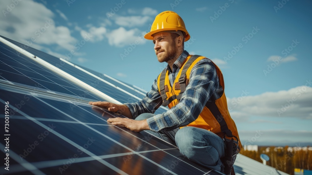 Worker installing solar panels on a roof, alternative renewable green energy generation concept. Generative AI. Worker installing solar panels on a roof, alternative renewable green energy generation concept. Generative AI.