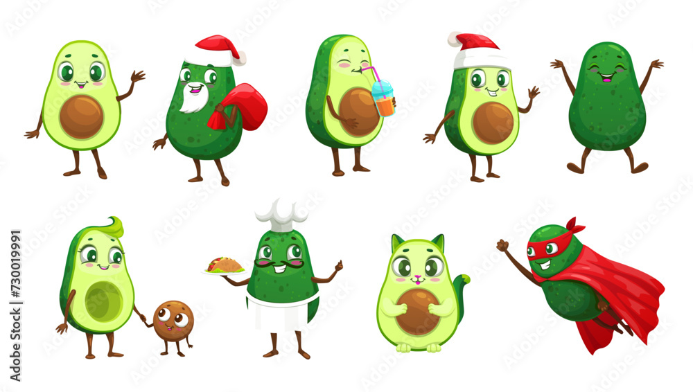 Obraz premium Cartoon mexican avocado characters, vector fruit food. Funny avocado cat, chef, Santa and superhero personages with Christmas gift bag, taco, red hat and toque, super hero cape, mask and baby seed