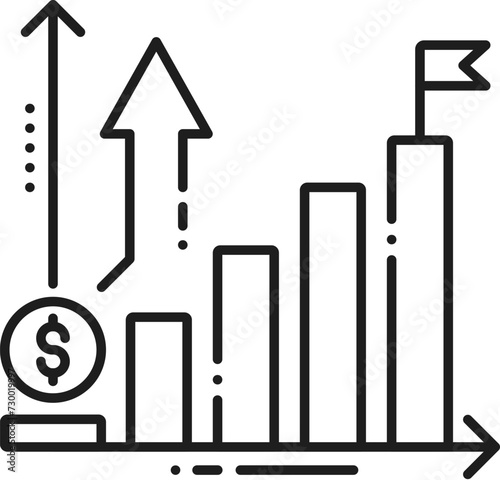 Basic income, fintech, blockchain and finances technology linear icon. Finance data, digital commerce fintech and investment plan line vector pictogram with income growth infographics graph