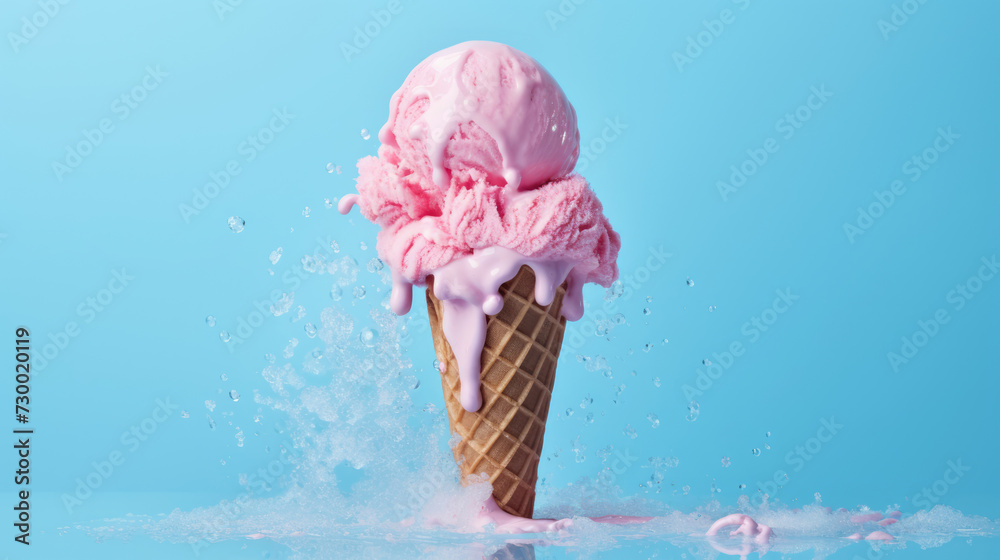 Pink Ice cream in a cone melting on pastel blue background. Summer concept. Pink Ice cream in a cone melting on pastel blue background. Summer concept.