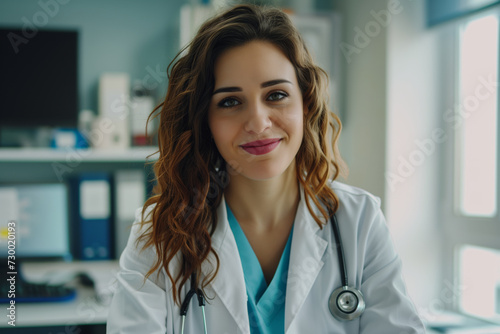 Friendly female doctor with curly hair and a warm smile in a clinical office setting.