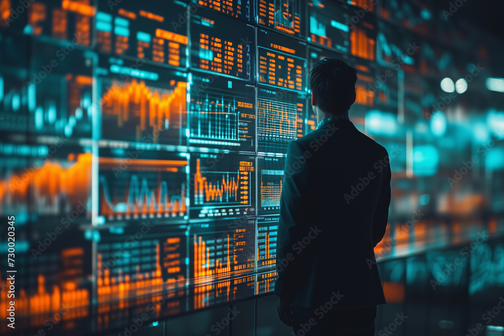 Back view of a businessman in a suit standing before large screens displaying extensive financial data, deeply analyzing market trends and projections. Back view of a businessman in a suit standing before large screens displaying extensive financial data, deeply analyzing market trends and projections.