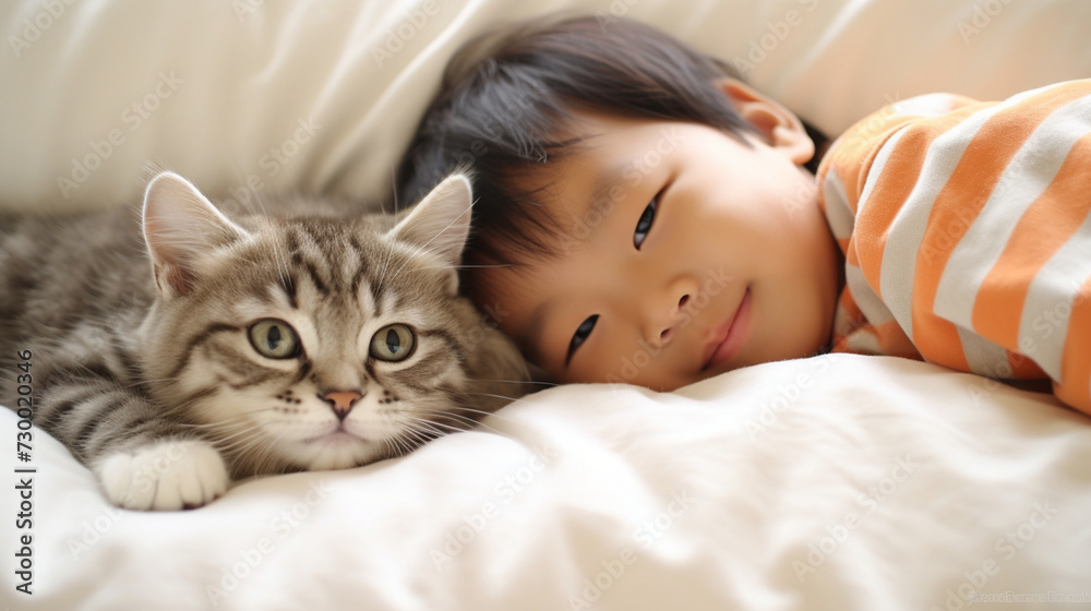 Small Asian child lies on a bed with a cat. Kitten and baby childhood friendship. Baby and cat. Child and Kitten lying together on the bed Small Asian child lies on a bed with a cat. Kitten and baby childhood friendship. Baby and cat. Child and Kitten lying together on the bed