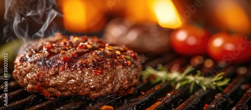 Traditional burger grilling a thick juicy minced beef patty on a griddle.