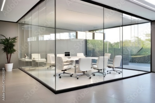 Modern Office Building Interior with Chair, Table, and Big Glass Windows