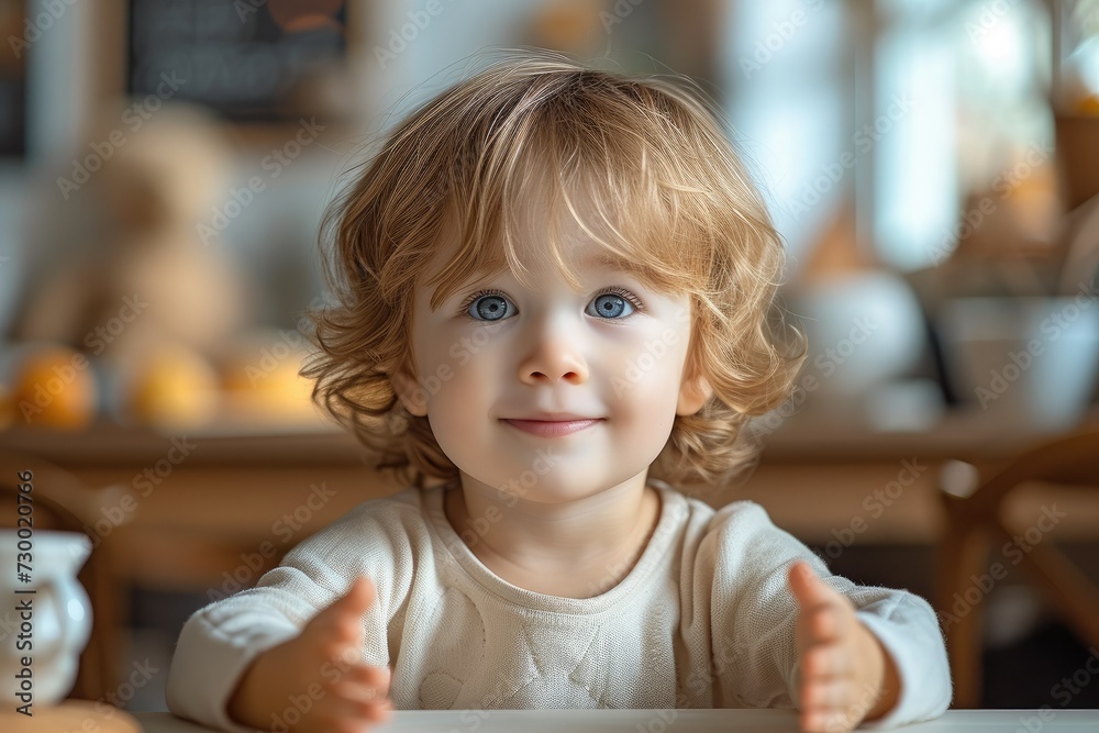 A cute little boy sat at a clean table. Generative AI. A cute little boy sat at a clean table. Generative AI.