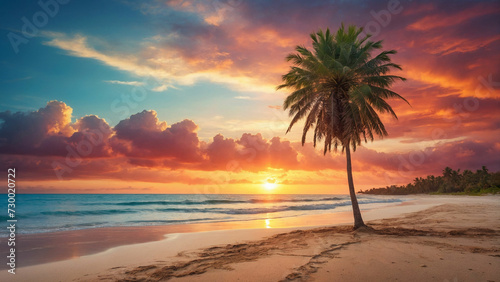 A solitary palm tree swaying gently atop a sandy beach and set against a backdrop of a vibrant sunset sky