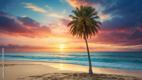 A solitary palm tree swaying gently atop a sandy beach and set against a backdrop of a vibrant sunset sky